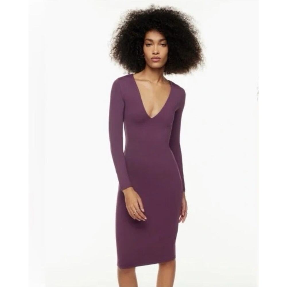Babaton Aritzia V-neck Long Sleeve Bodycon Midi Dress Size L purple NWOT